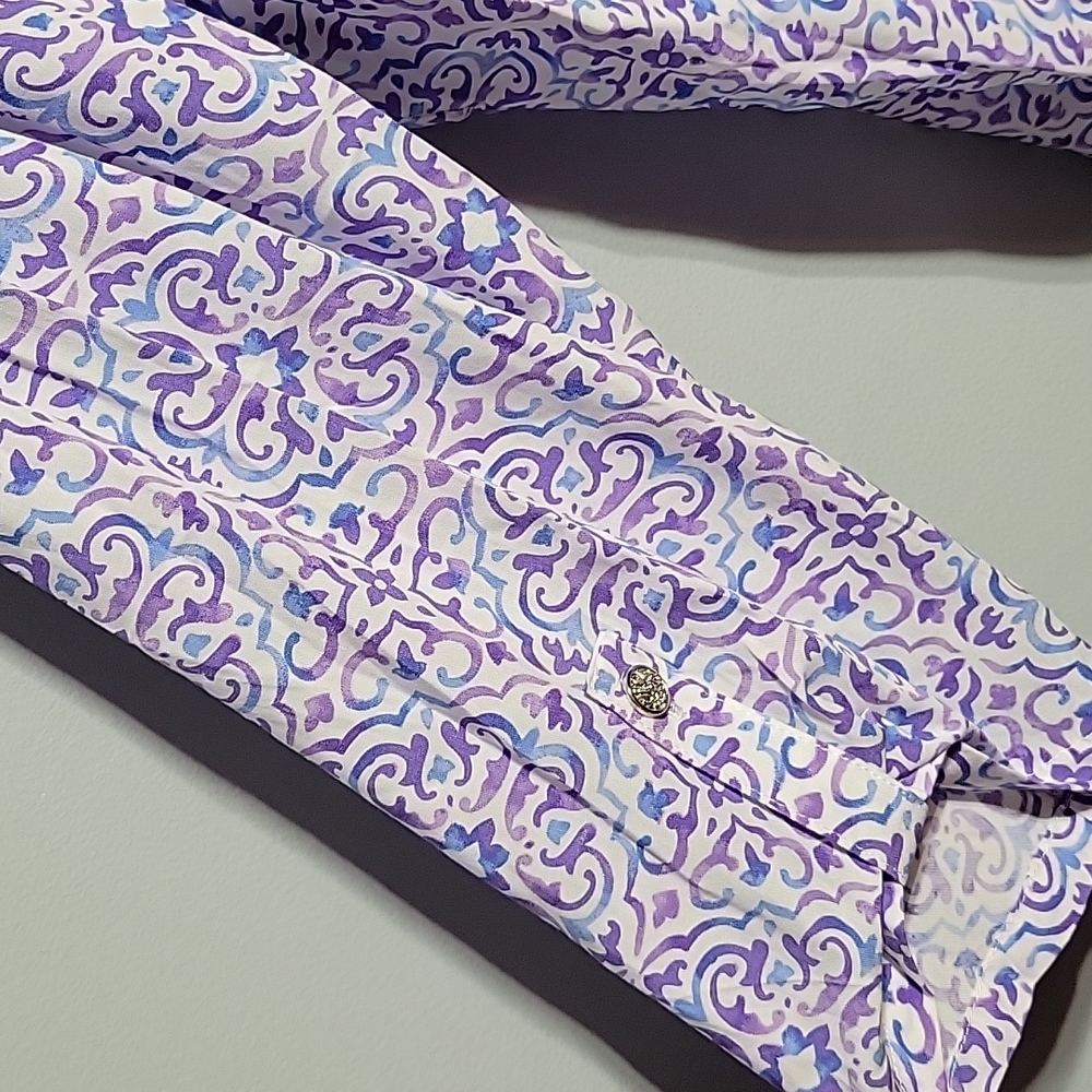 Emily Daniels Purple Patterned blouse - Sz L - Coastal Grandma, Pleated, Layered - Picture 5 of 8